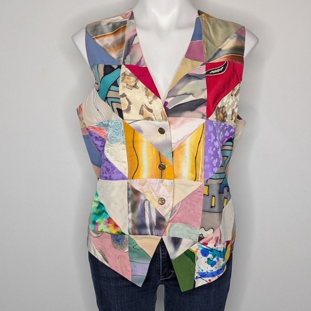 Vintage Robert Daskal Hand Painted Colorful Patchwork Silk Vest M